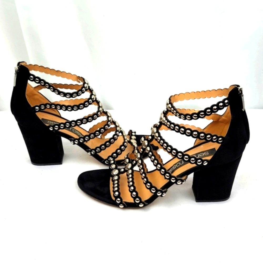 Sergio Rossi Black Strappy Studs Block Heels Sandals size 39 - Picture 4 of 11